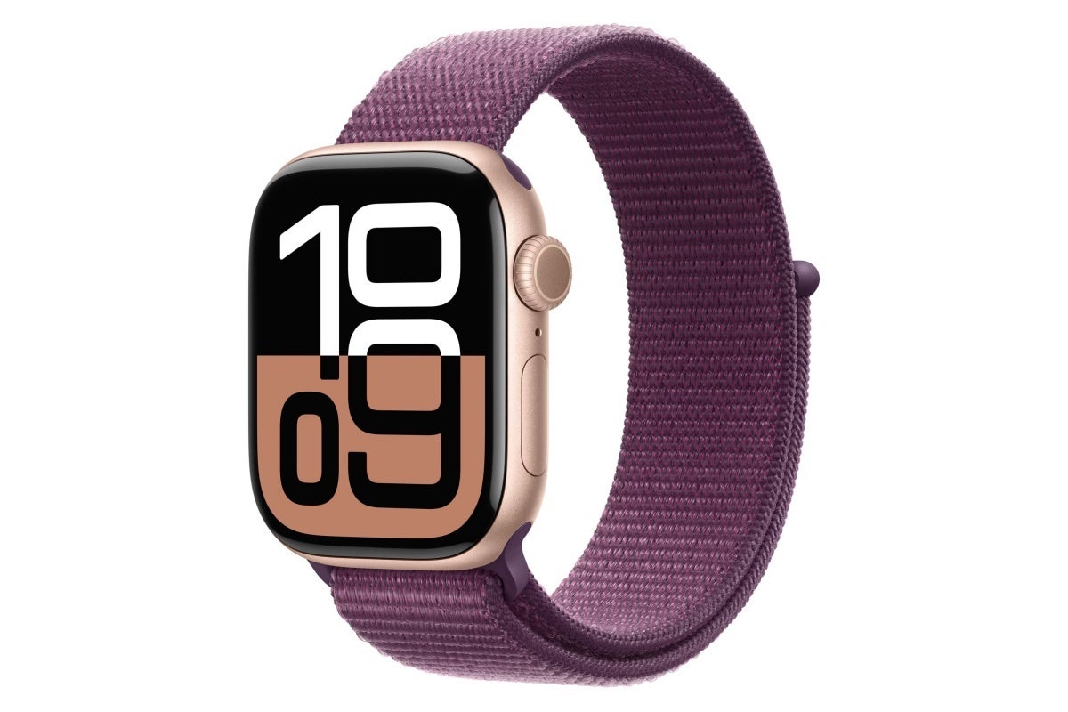 Apple Watch Series 10 with rose gold aluminum case and Plum Sport Loop