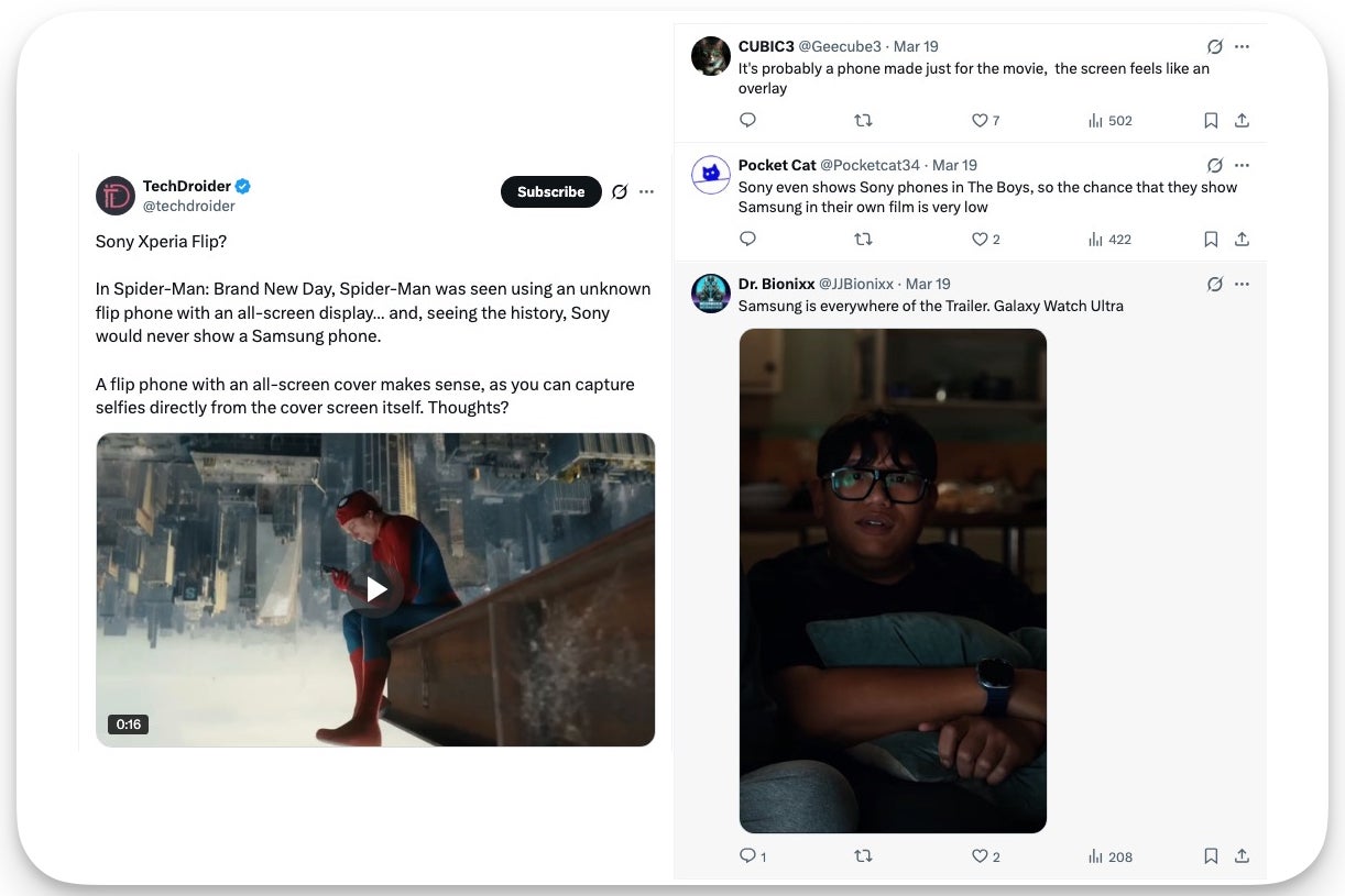 Screenshot of an X thread debating whether the trailer&amp;#039;s flip phone is a Sony Xperia or a Samsung Galaxy, with a reply noting a Galaxy Watch.