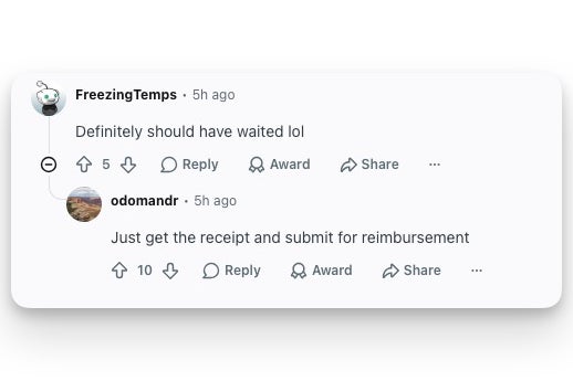 Screenshot of two comments in the r/fitbit Reddit thread about Fitbit Air HSA and FSA eligibility, one saying buyers should have waited and a reply suggesting they submit the receipt for reimbursement.
