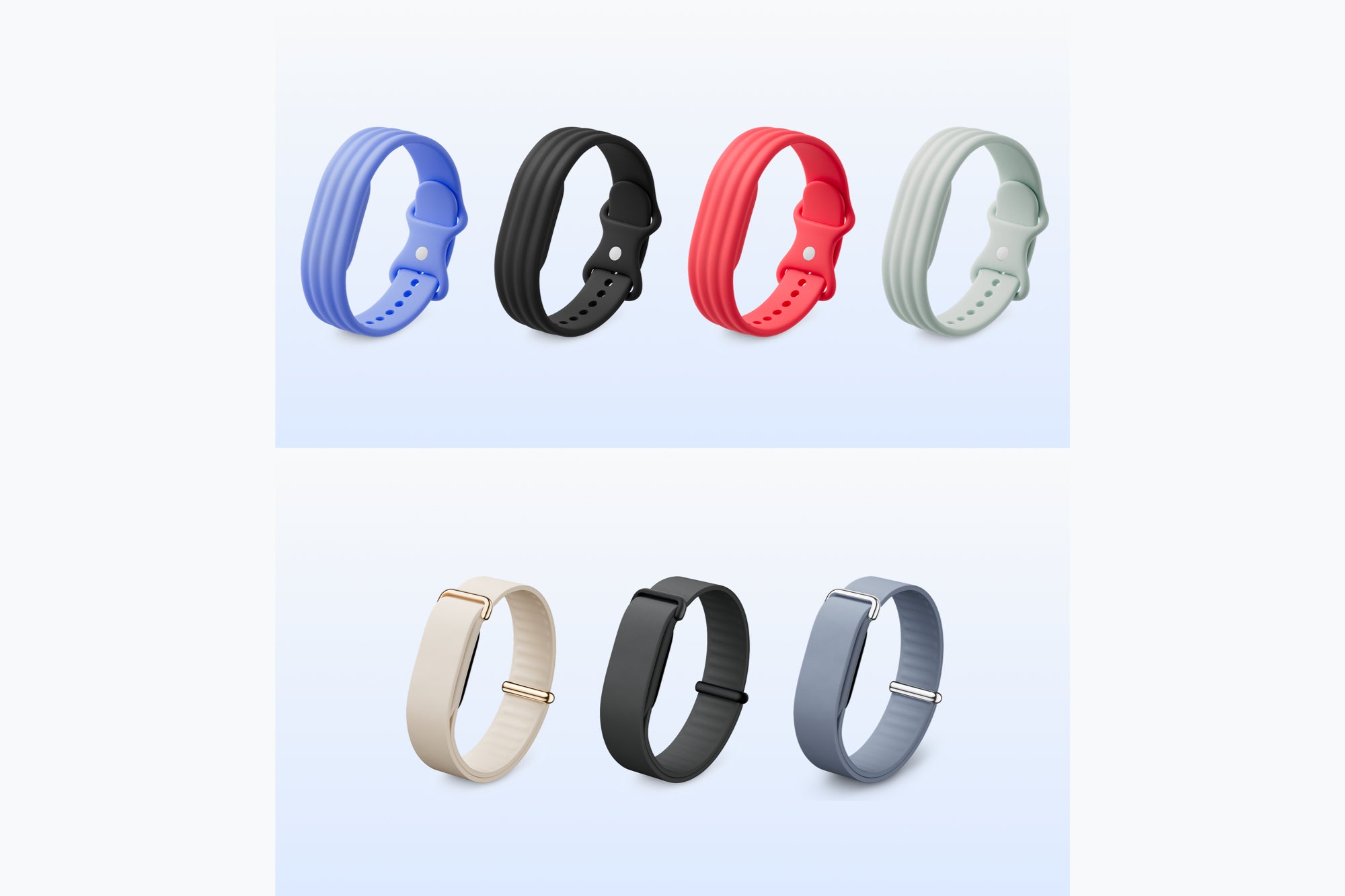 A composite showing four Active silicone bands in blue, black, red and sage above three Elevated bands in cream, black and blue.