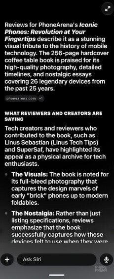 Screenshot shows Siri AI with an in-depth respone about the "Iconic Phones" book.