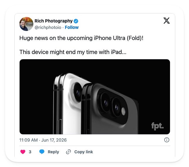 Screenshot of an X post by Rich Photography, @richphotoio, sharing an iPhone Ultra render and saying the device might end their time with iPad.
