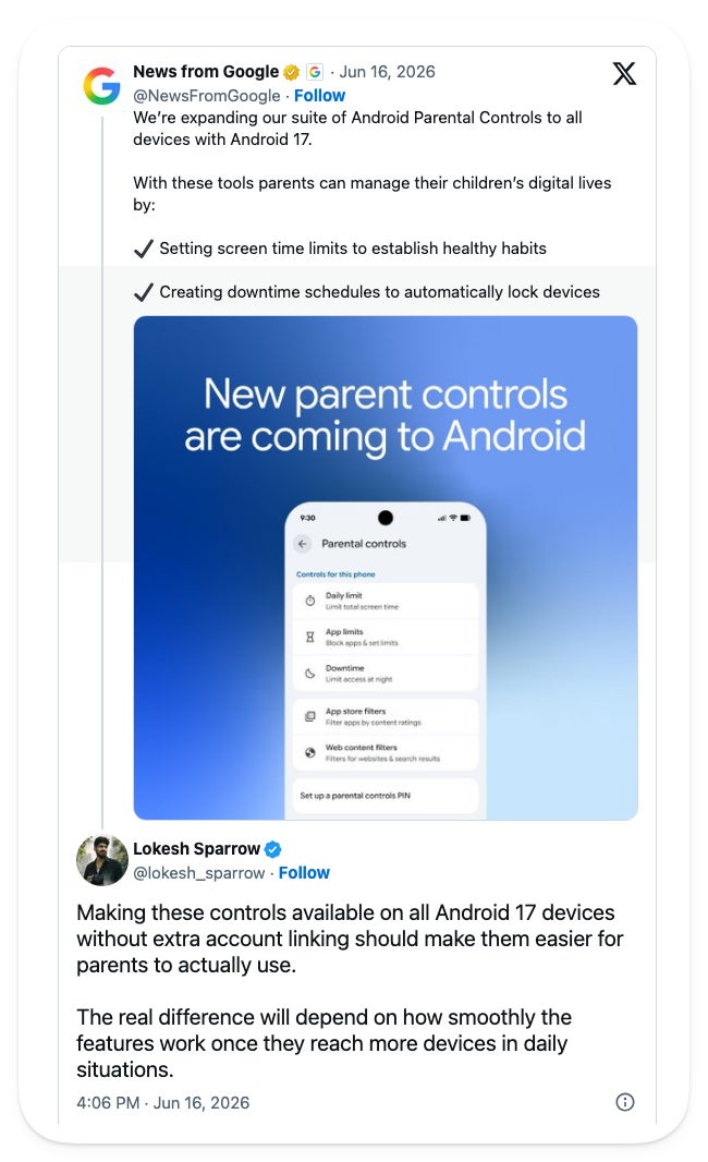 Quote tweet from Lokesh Sparrow reacting to a News from Google post about Android 17 parental controls, with an Android Settings screen listing daily limit, app limits, downtime, app store filters, and a parental controls PIN.
