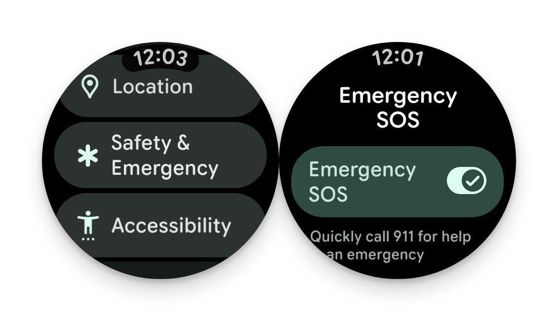 Two Pixel Watch screens. The left shows the Settings list with Location, &amp;#039;Safety &amp;amp; Emergency&amp;#039;, and Accessibility. The right shows the Emergency SOS screen with the toggle switched on and the description &amp;#039;Quickly call 911 for help in an emergency&amp;#039;.