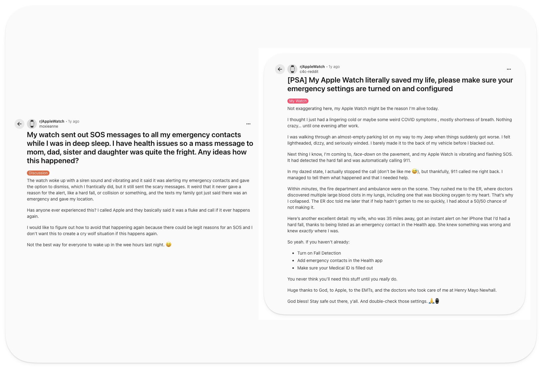 Two r/AppleWatch posts side by side. One reports an Apple Watch sending accidental SOS texts to emergency contacts during deep sleep. The other, a PSA, credits the watch with saving a life after it detected a fall, called 911, and alerted their spouse.