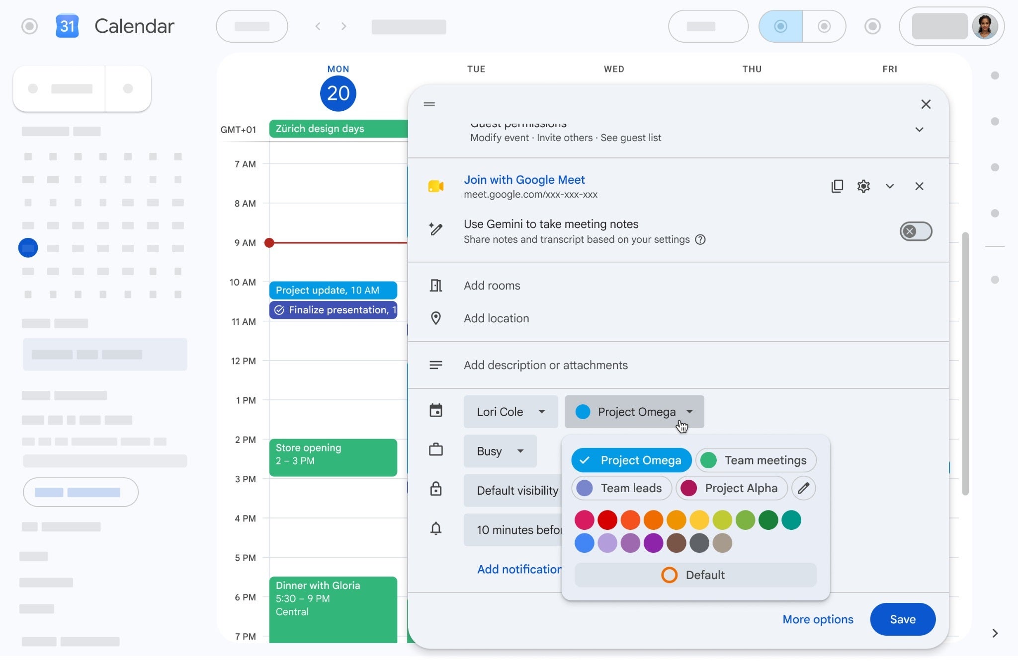 Google Calendar web event editor showing the new color menu, with a row of 24 default color swatches and an edit option for choosing custom colors.