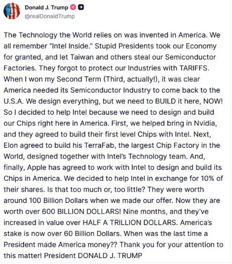 Trump's Truth Social post containng the Apple-Intel news.