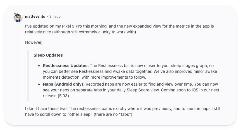 A Reddit post from user matteventu saying the Google Health 5.02 sleep changes, the moved restlessness bar and new nap tabs, have not appeared on their Pixel 9 Pro after updating.