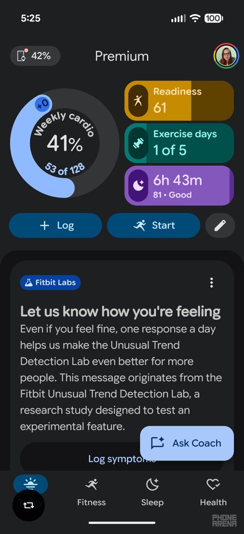 The Google Health app Today tab before the 5.02 update, showing weekly cardio, readiness, exercise days and sleep with only a few metrics visible at once.