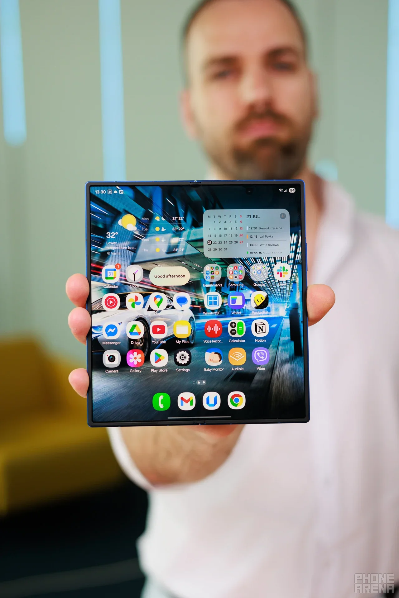 Man with galaxy foldable.
