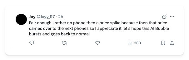  A screenshot of a reply on X from a user who says they would rather have no new phone than a price increase that carries over to future phones, hoping the trend reverses.