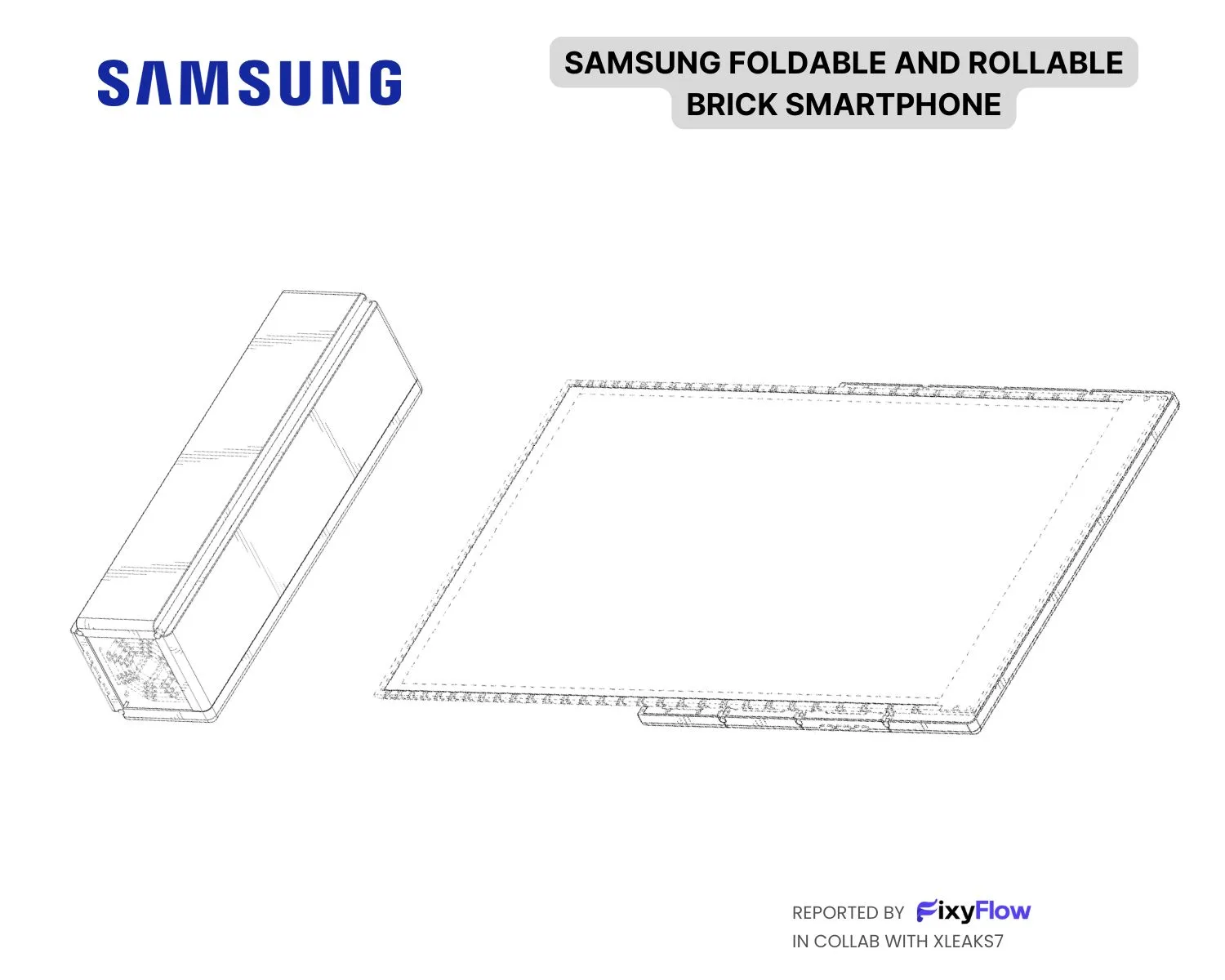 Line drawings from Samsung&amp;#039;s patent showing the phone as a closed rectangular brick on the left and as a large flat unrolled tablet-sized panel on the right.