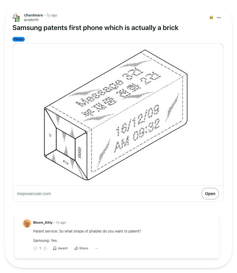 Screenshot of a 2019 Reddit r/hardware thread about Samsung patenting a phone shaped like a brick, with a top comment joking that Samsung will patent any phablet shape it is asked about.