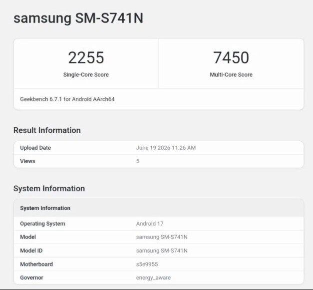 Geekbench results for the Korean variant of the Galaxy S26 FE.