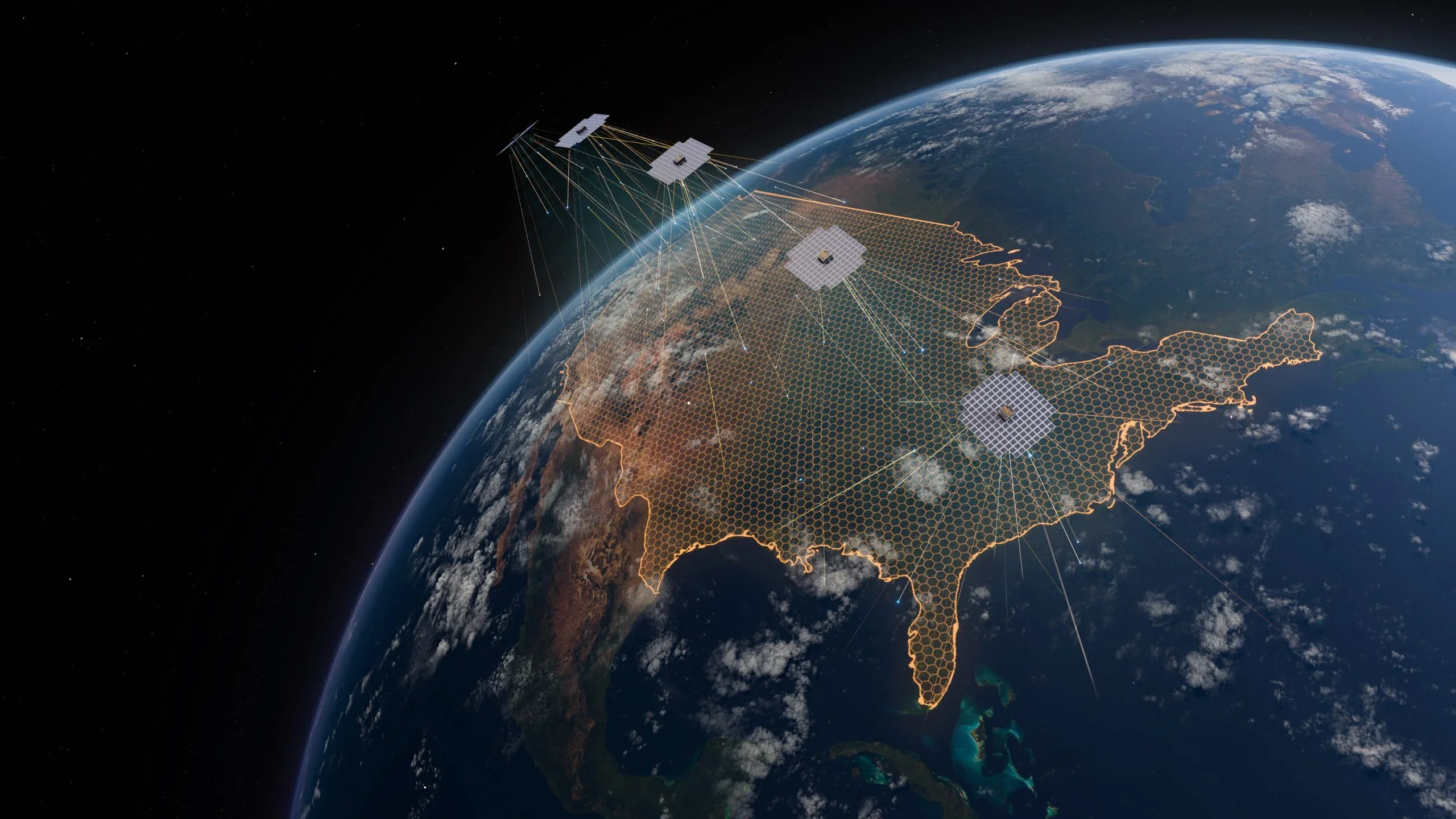 A render of several AST SpaceMobile BlueBird satellites in orbit beaming connectivity down to the United States, shown as an orange hexagonal coverage grid over the country. 