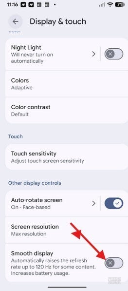 Screenshot shoiws how to disable Smooth display feature.
