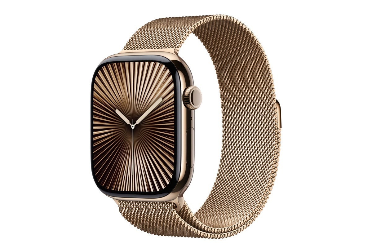 The Apple Watch Series 10 is even prettier with a gold titanium case and gold Milanese Loop. | Image by Apple - This early Prime Day deal makes the titanium Apple Watch Series 10 with LTE supremely affordable