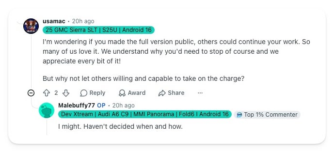 Screenshot of a Reddit reply where a user asks the Fermata Xtream developer to open source the full version, and the developer replies that he might.