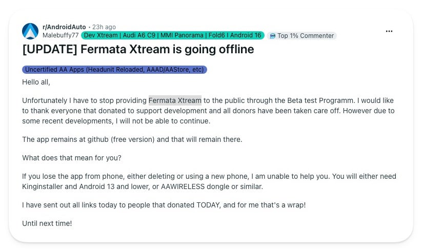 Screenshot of a Reddit post in the r/AndroidAuto community where the Fermata Xtream developer announces the app&amp;#039;s public beta is going offline.