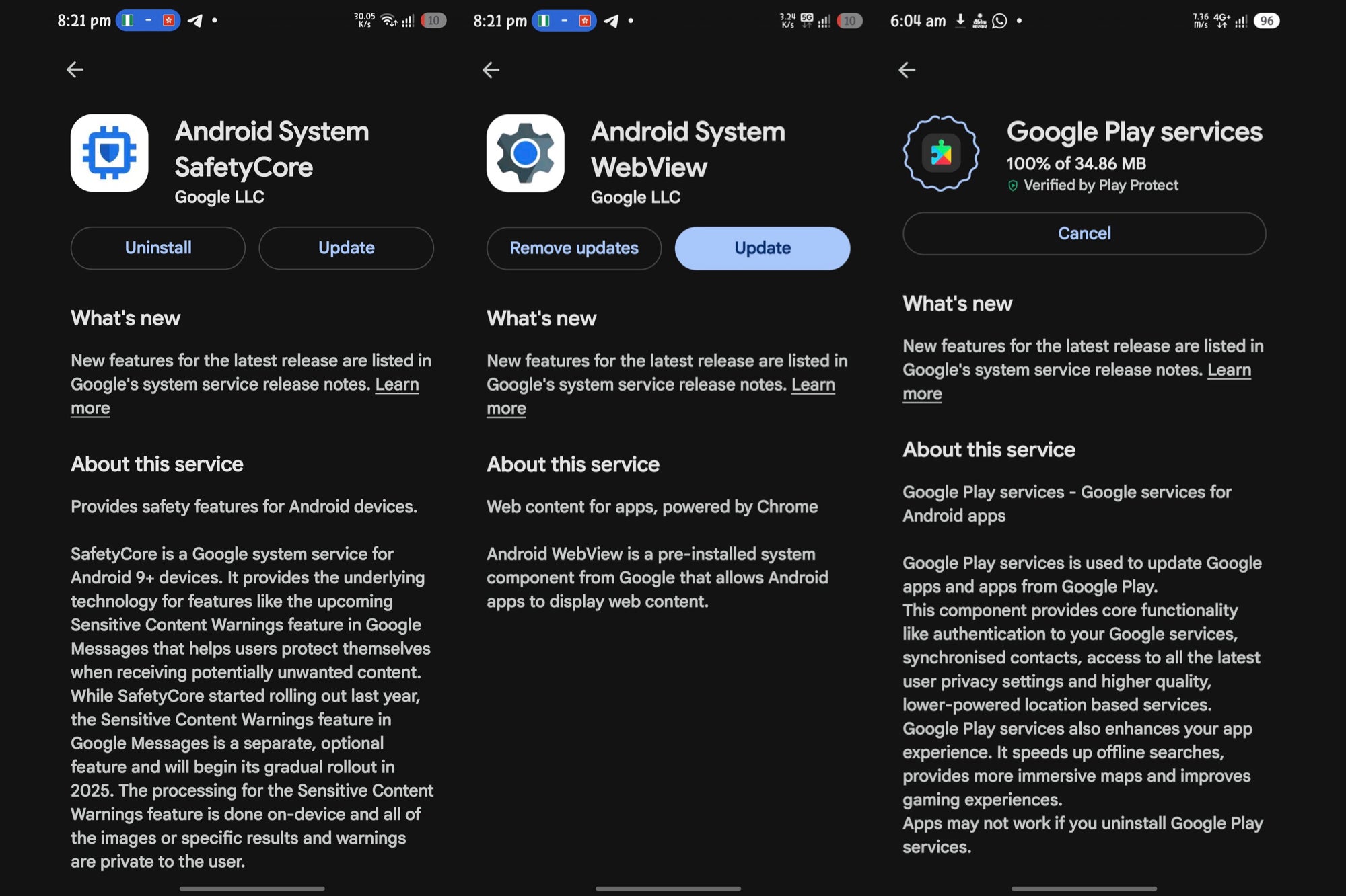 Three phone screenshots side by side showing the Play Store listings for Android System SafetyCore, Android System WebView and Google Play services, each with an Update button.