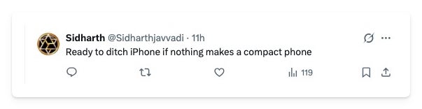 Screenshot of an X reply from user Sidharthjavvadi reacting to Nothing&amp;#039;s (b) teaser, saying they are ready to leave the iPhone if Nothing makes a compact phone.