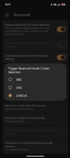 Screenshot shows how to enable the LHDCv5 codec on Pixel.