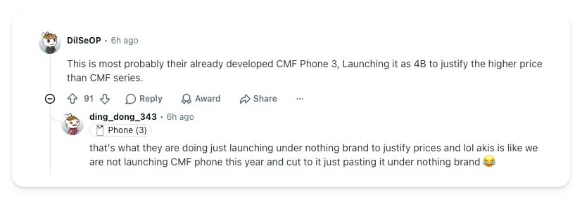 Reddit r/NothingTech post titled Another Phone 4b teaser on Flipkart, with comments arguing the phone is a rebranded CMF model being sold at a higher price.