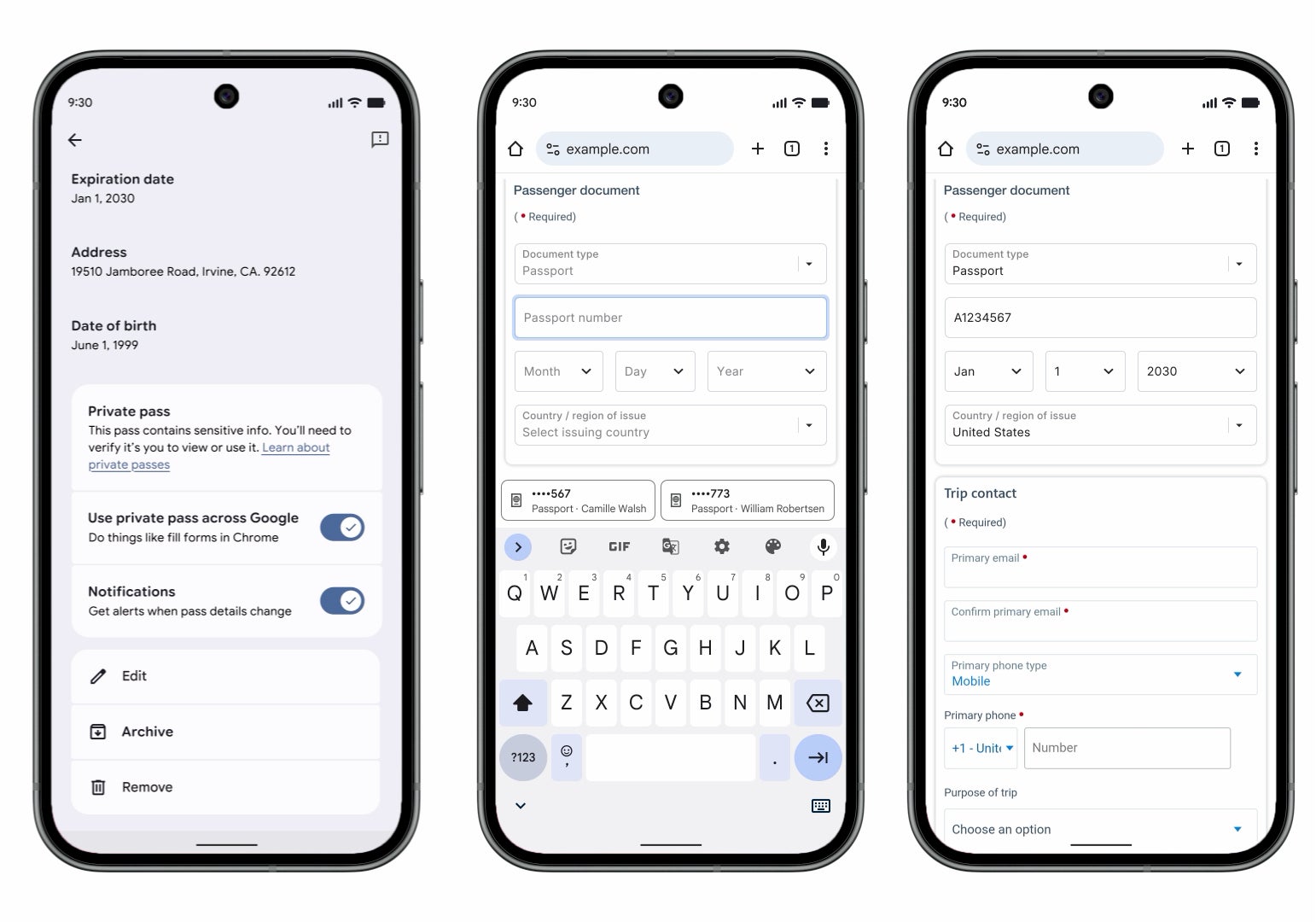 Three Android phone screens of Chrome autofill from Google Wallet: a private pass page with a fill forms in Chrome toggle, a passport form offering saved Wallet passport entries, and the completed form with a passport number, dates and country.