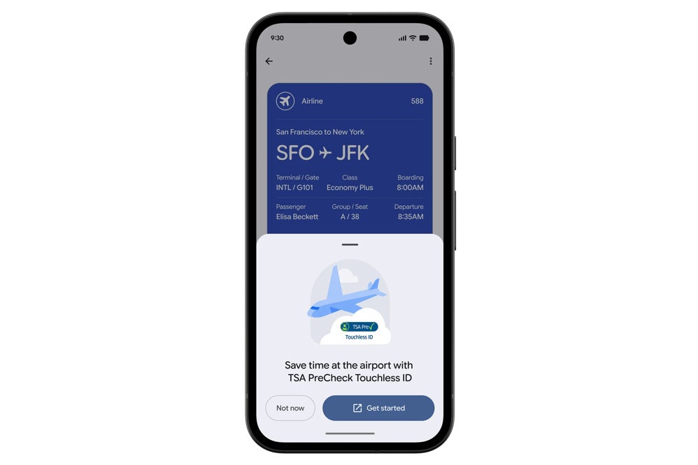 A smartphone screen showing the Get started prompt for TSA PreCheck Touchless ID on a Google Wallet boarding pass, which lets eligible flyers opt in to facial verification at airport security.