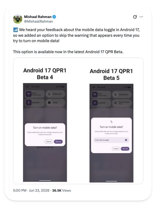 Two Android 17 beta screenshots side by side showing the Turn on mobile data warning, with the Beta 4 dialog on the left and the Beta 5 dialog on the right adding a Don&amp;#039;t ask me again checkbox.