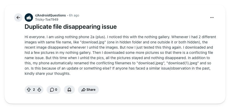 Screenshot of a Reddit post in r slash AndroidQuestions titled Duplicate file disappearing issue, describing photos vanishing in the Nothing Gallery when two files share a name.