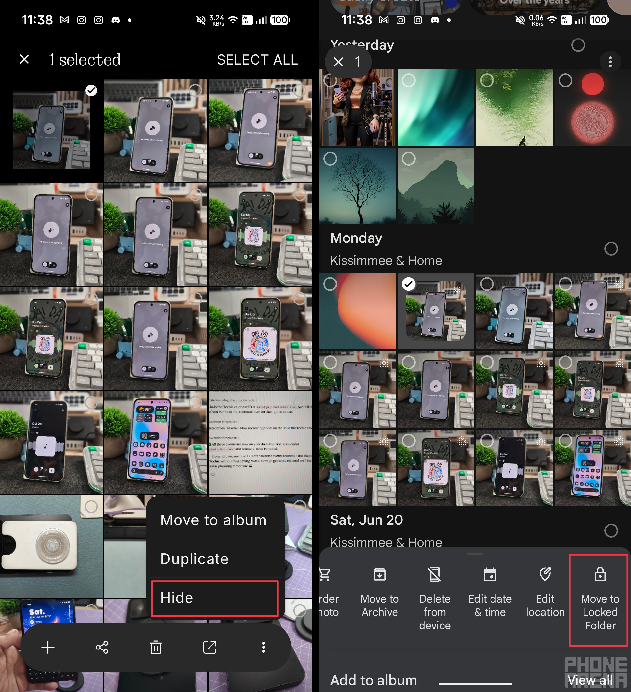 Two phone screenshots side by side. The left shows the Nothing Gallery menu with the Hide option highlighted. The right shows the Google Photos menu with Move to Locked Folder highlighted.
