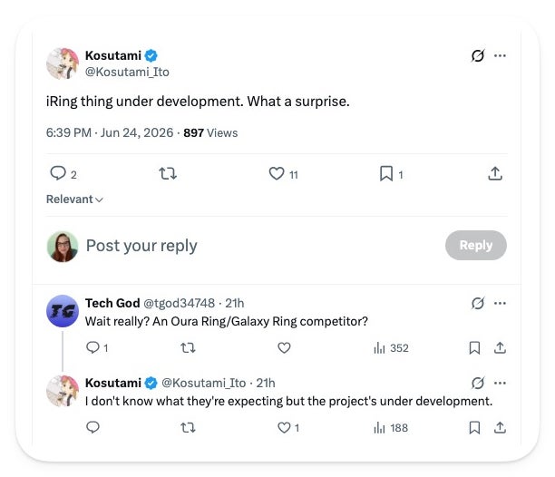 Screenshot of Kosutami&amp;#039;s X post from June 24, 2026, reading &amp;#039;iRing thing under development. What a surprise.&amp;#039; with a follow-up reply confirming the project is under development.