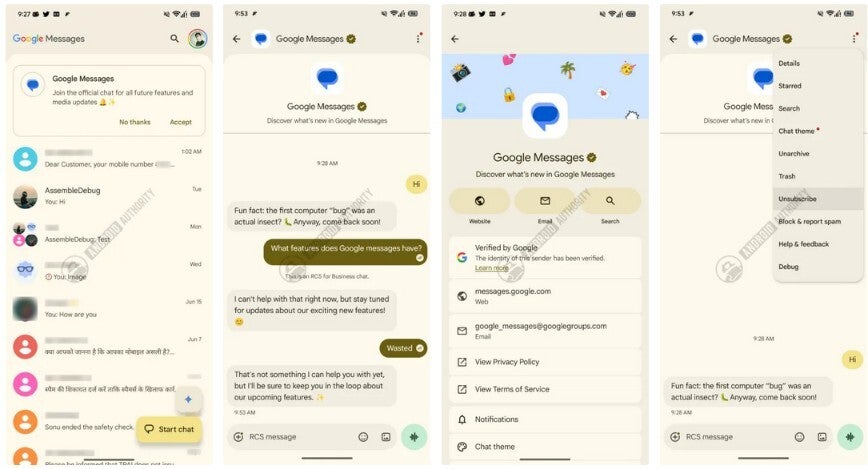 Screenshots of the new Google Messages chat feature.