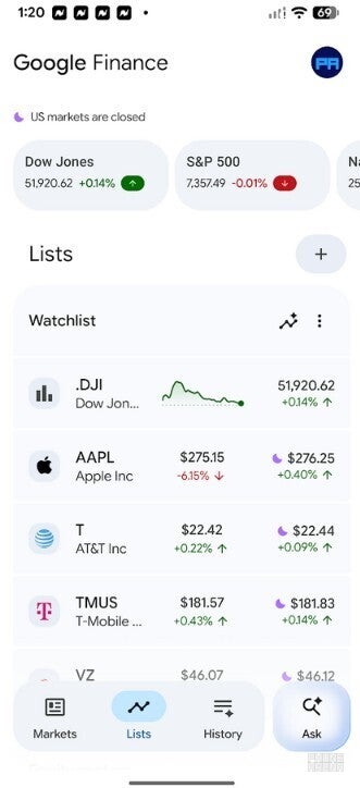Screenshot from Google Finance app.