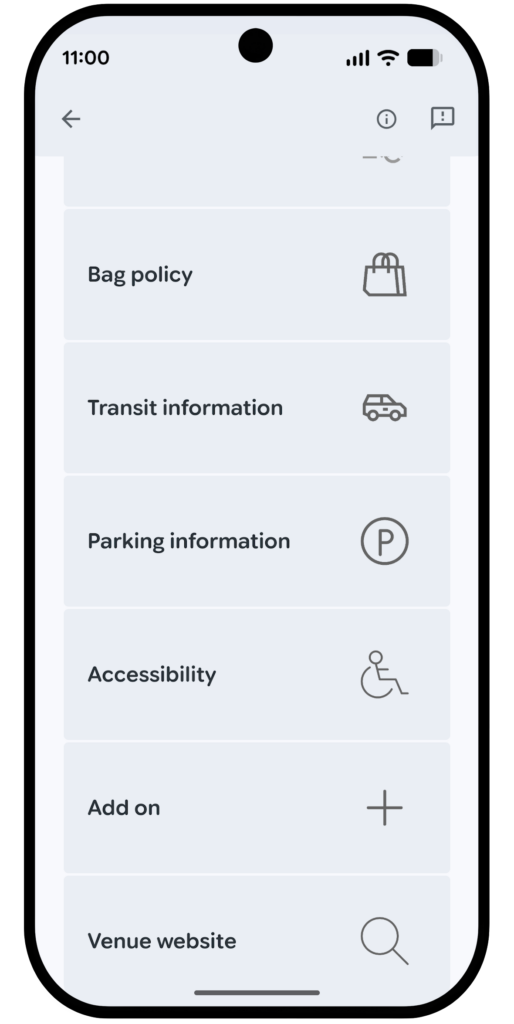 Android phone showing a Ticketmaster Google Wallet pass action links menu, with bag policy, transit information, parking, accessibility, add-on, and venue website options listed.