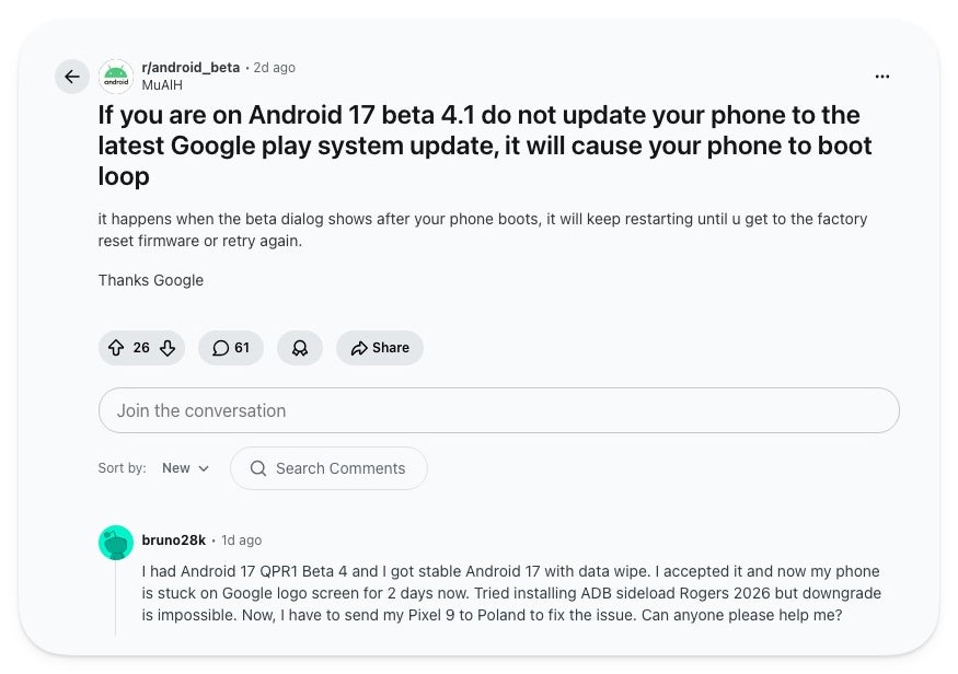 Screenshot of a Reddit post on r/android_beta warning that installing the latest Google Play System update on Android 17 beta 4.1 will send the phone into a bootloop.