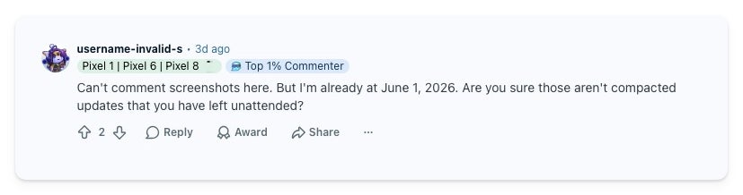 Screenshot of a Reddit comment from a user who says they installed the update without any problem and questions whether it is really the cause of the bootloop.