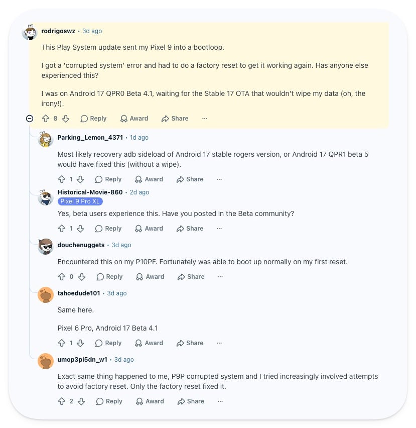 Screenshot of a Reddit thread where a Pixel 9 owner says the Play System update caused a bootloop fixed only by a factory reset, with other testers replying that they hit the same issue on various Pixel models.