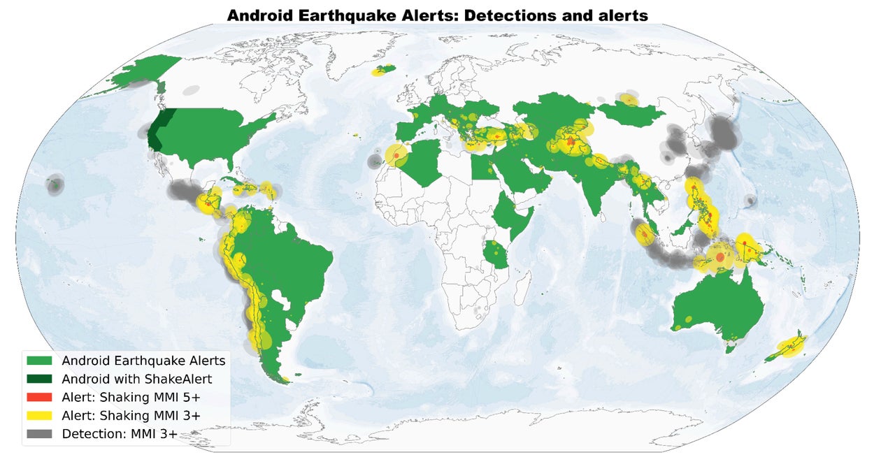 World map of Android earthquake alert coverage and detections