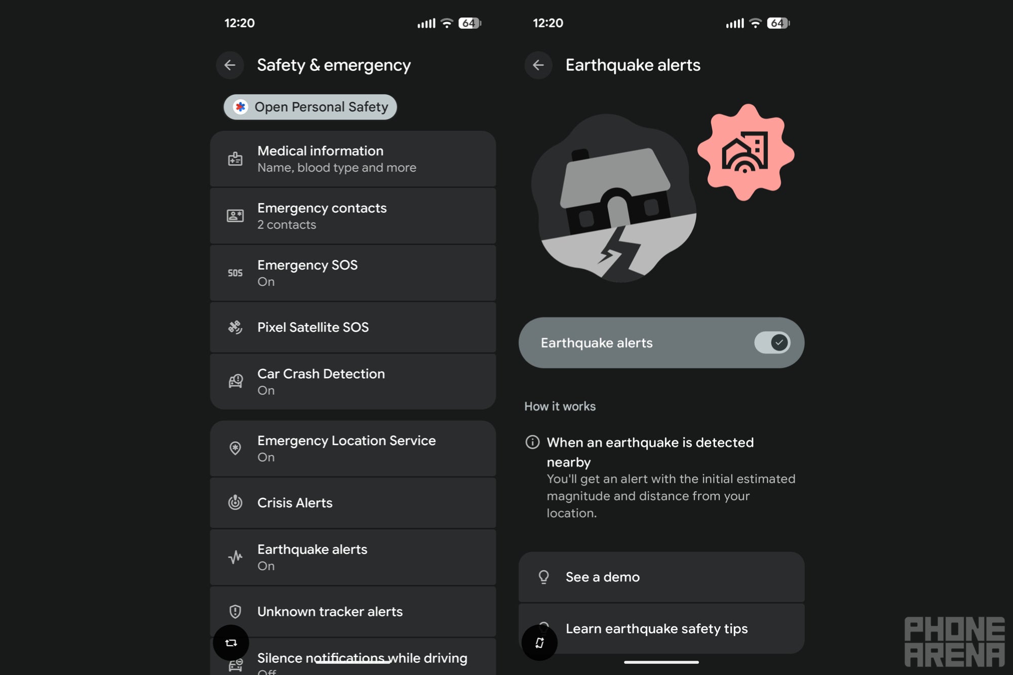 Pixel Safety and emergency menu with the Earthquake alerts toggle switched on