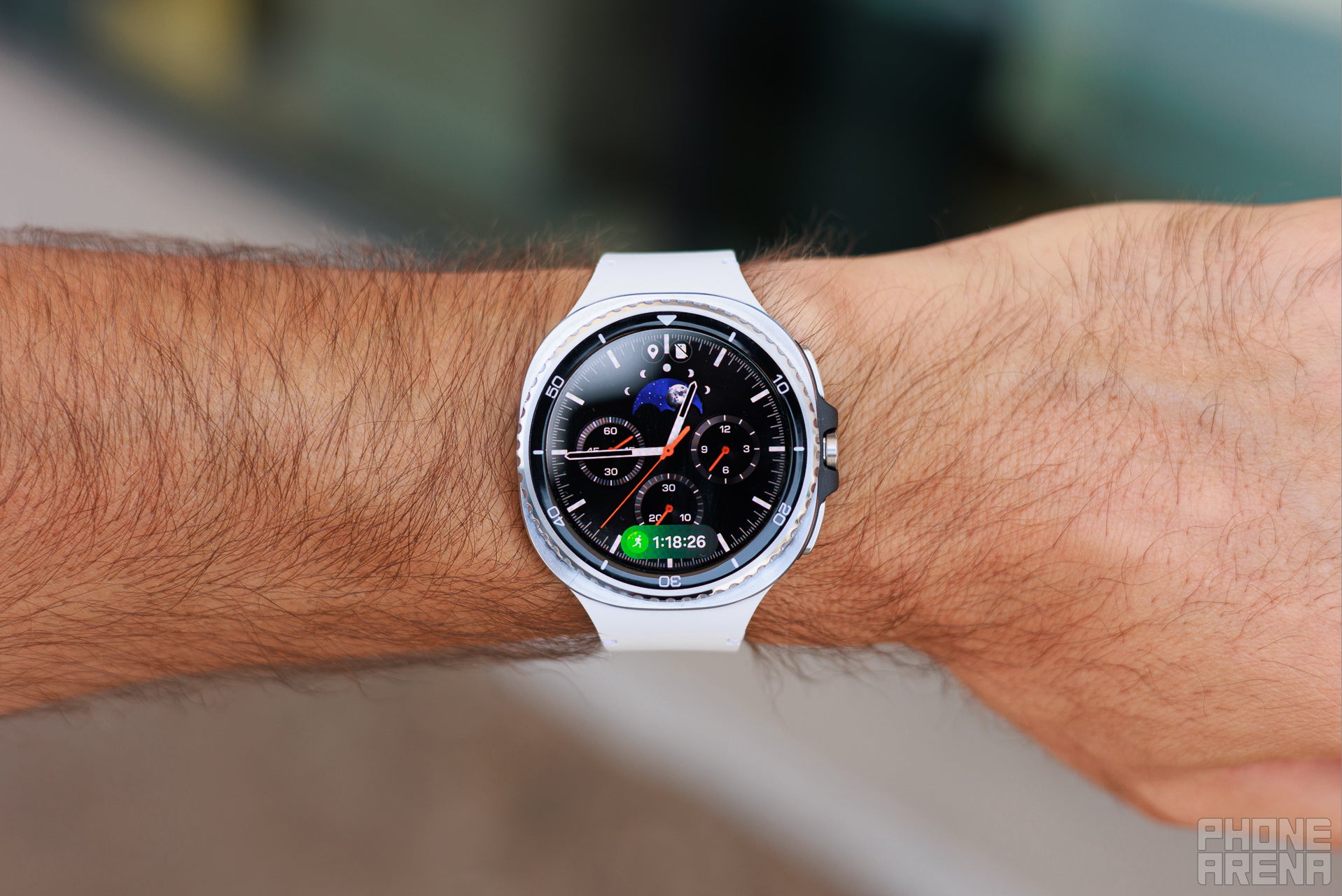 Samsung Galaxy Watch 8 Classic showing an analog chronograph face