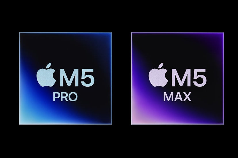 Graphic of Apple&amp;#039;s M5 Pro and M5 Max chips on black