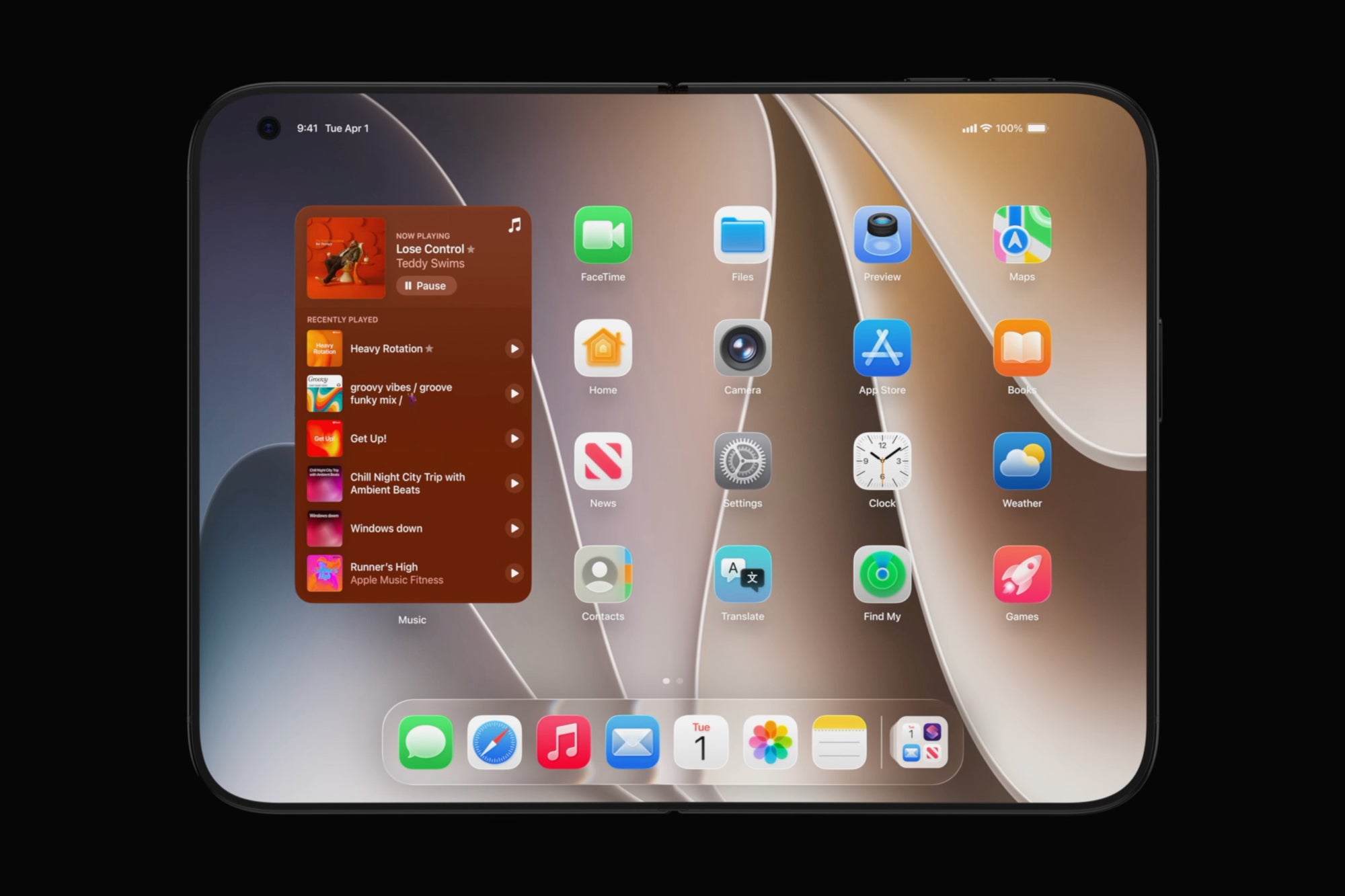 Concept render of the foldable iPhone Ultra unfolded, iOS home screen