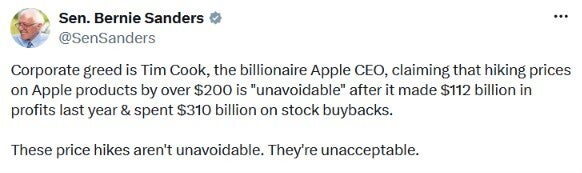 Tweet from US Senator Bernie Sanders calling Appole CEO Tim Cook greedy.