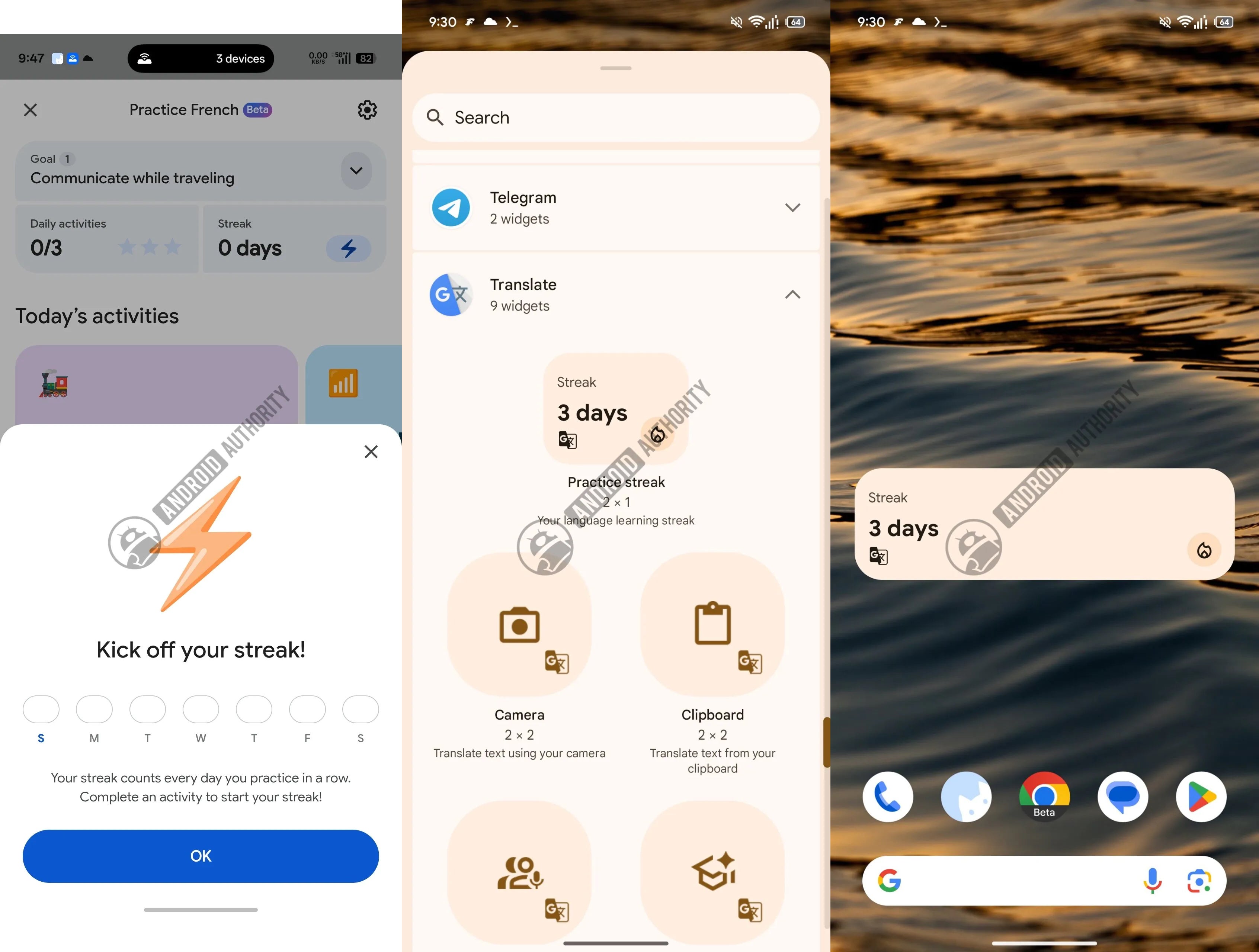 Google Translate Practice streak widget on an Android home screen.