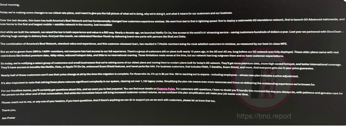 Leaked email written by T-Mobile COO Jon Freier.| Image by The Mobile Report - Long-time T-Mobile subscribers could get angry today according to leaked internal email (UPDATE)