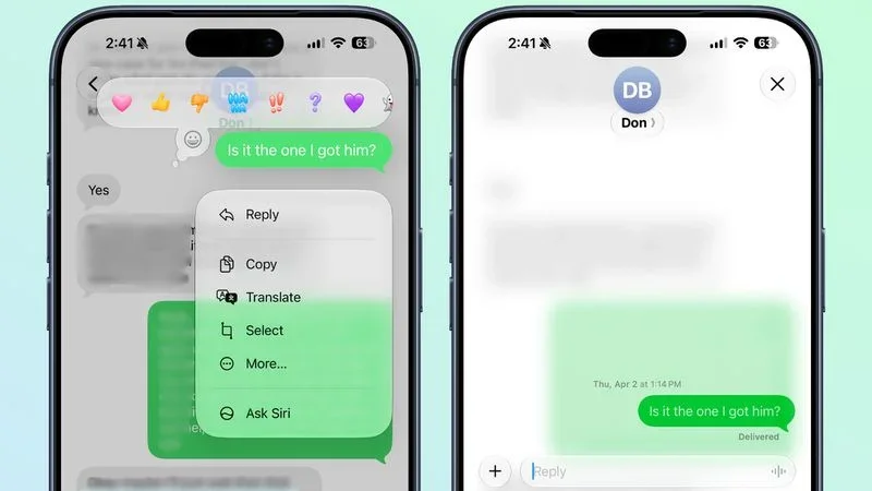 iOS 27 long-press menu with a Reply option in an RCS chat.