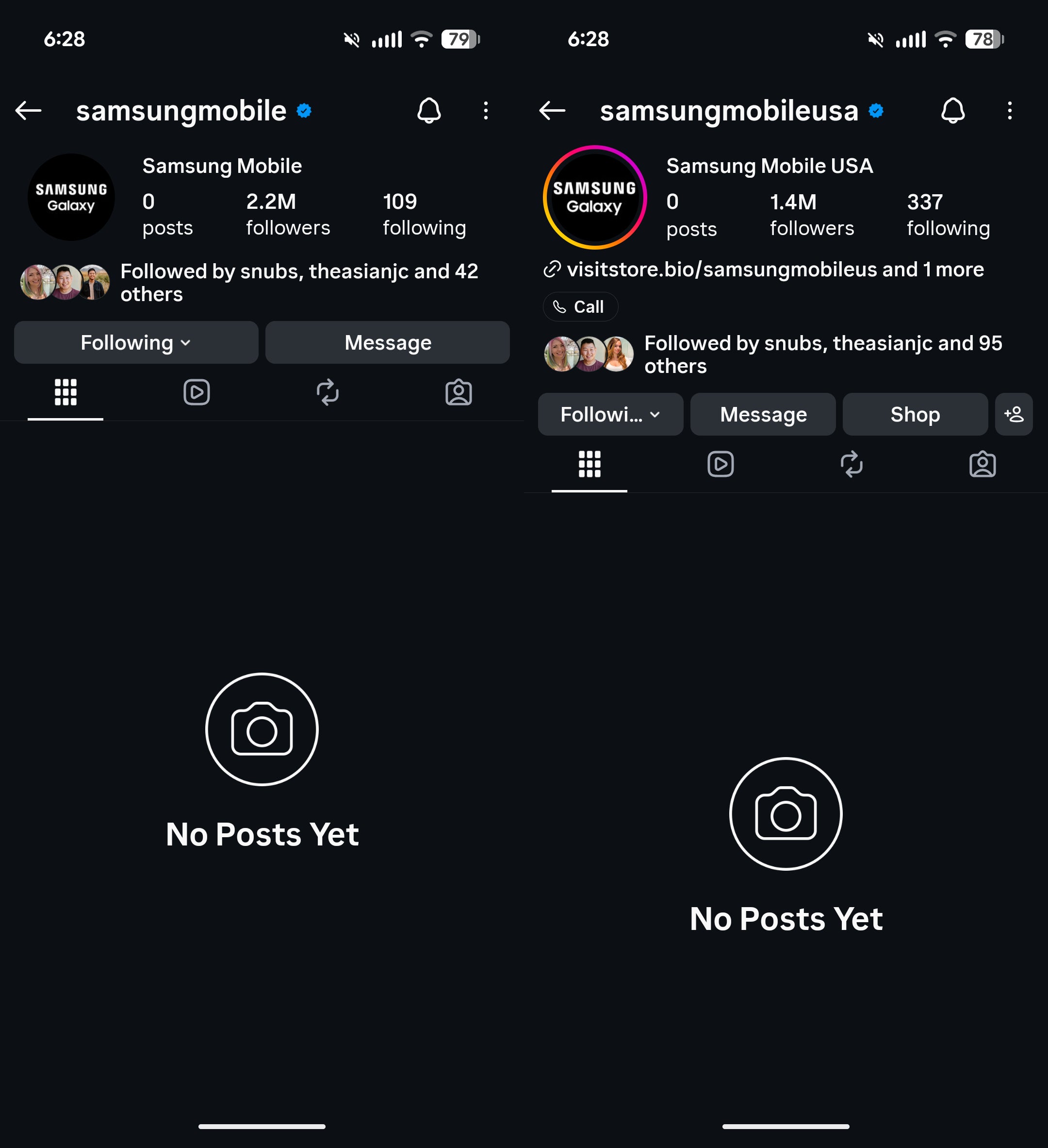 Samsung Mobile Instagram accounts showing zero posts
