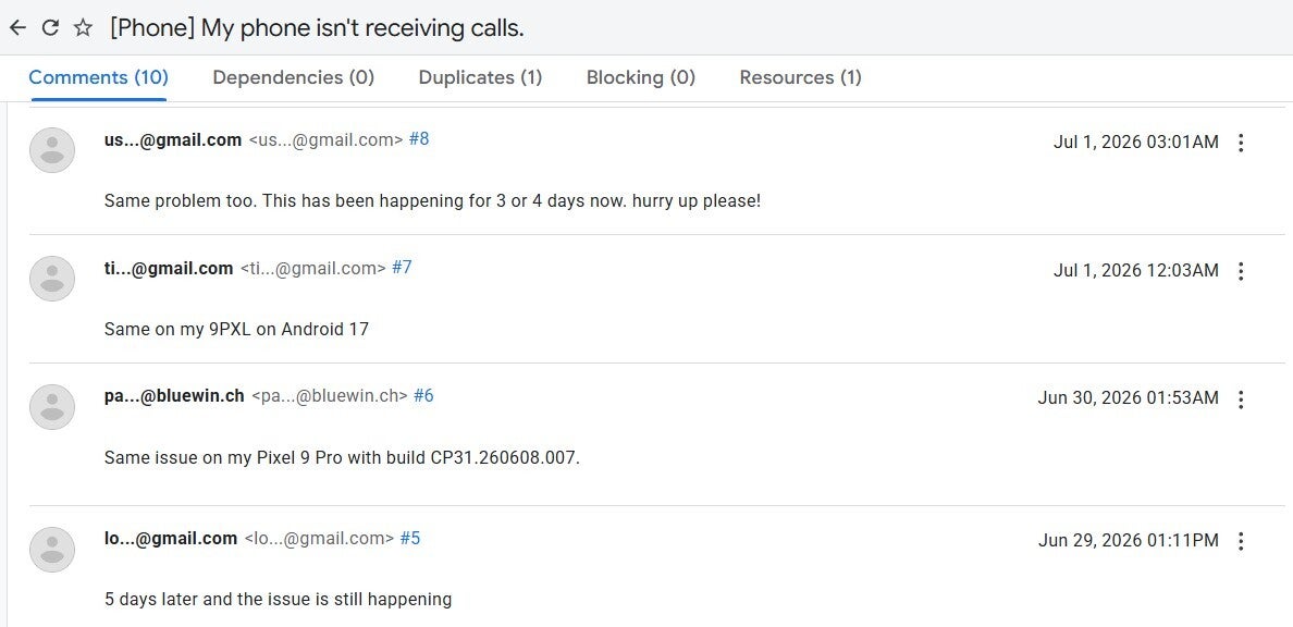 Complaints about Pixel not receiving calls on Google Issue Tracker.